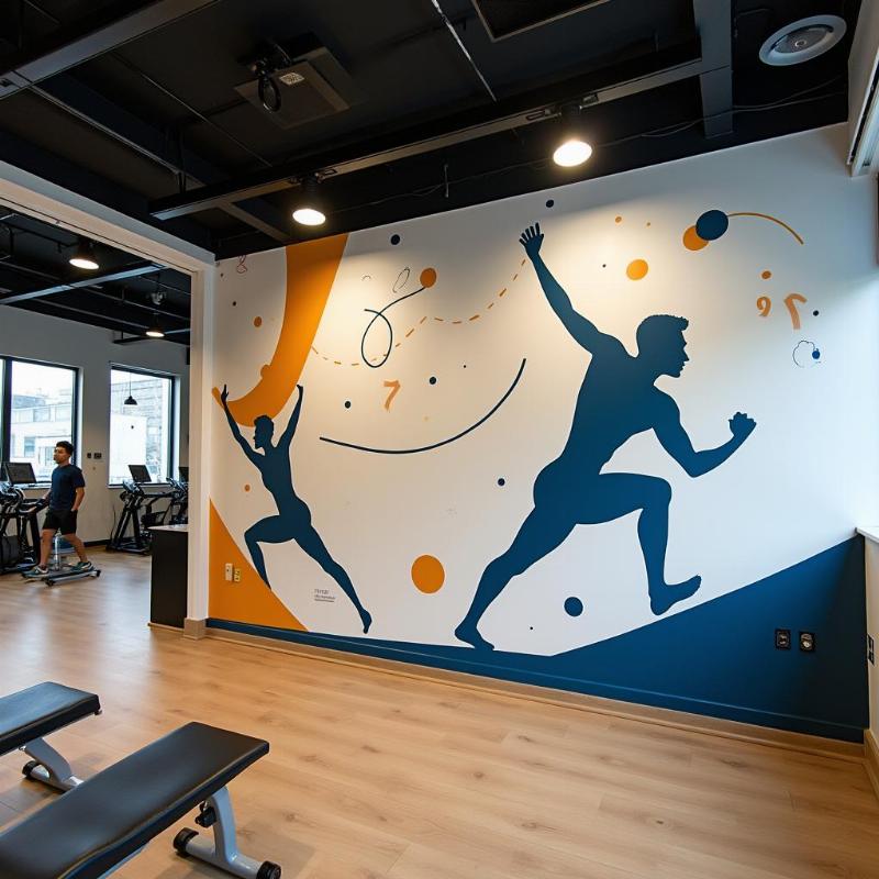 Mẫu tranh tường phòng gym đẹp đã hoàn thiện, thể hiện không gian năng động, hiện đại và truyền cảm hứng tập luyện